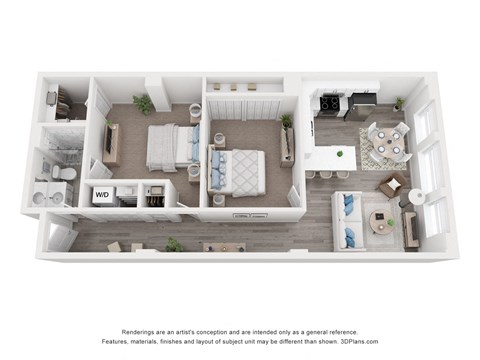 a stylized floor plan of a 1 bedroom apartment